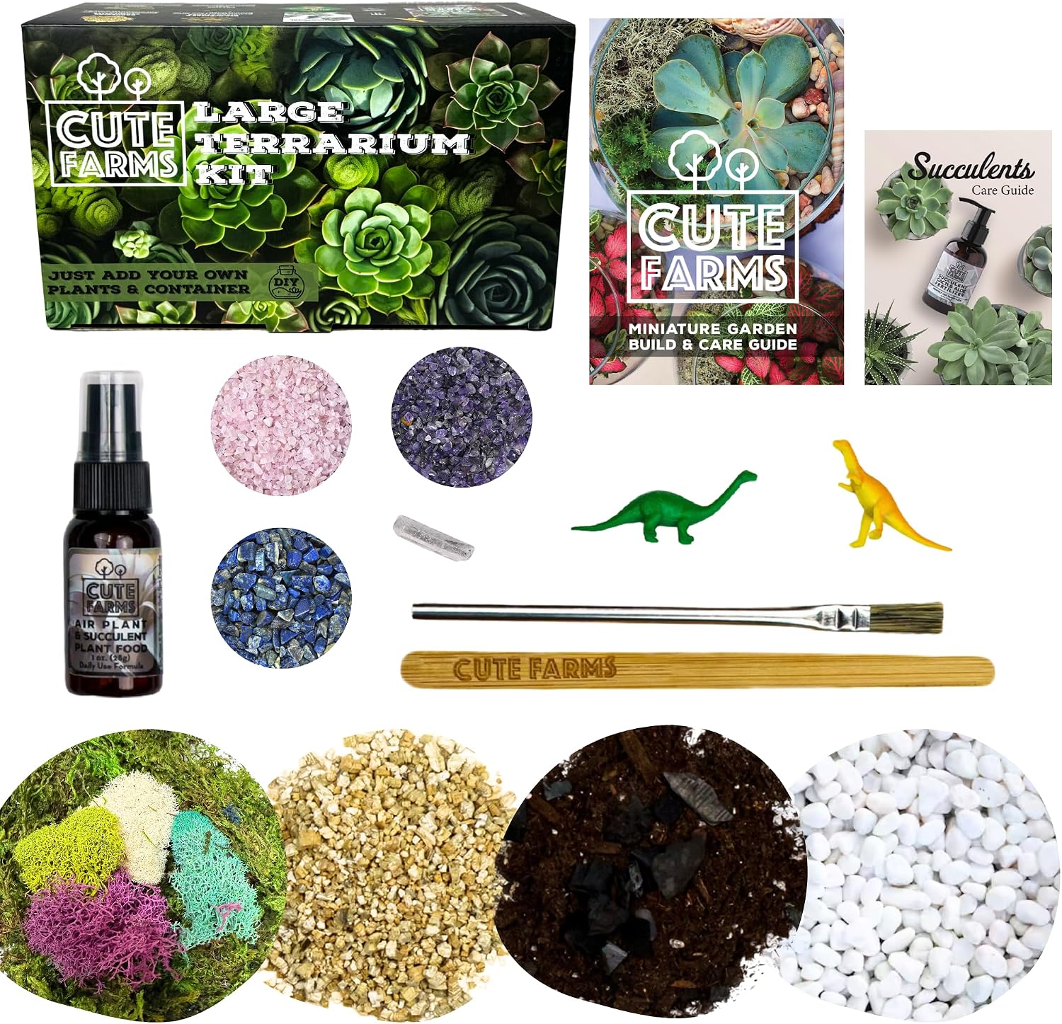 Cute Farms Terrarium Starter Kit | Moss, Vermiculite, Soil, Pebbles, Plant Food, & Finishing Tools (Large Kit +