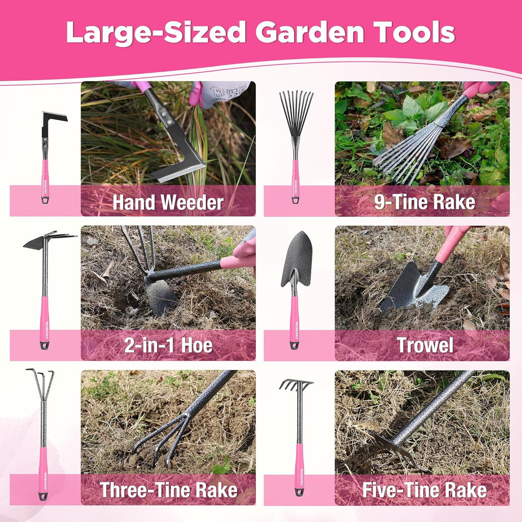 WORKPRO 6-Piece Pink Garden Tool Set | Heavy Duty Gardening Hand Tools with Soft Rubber Handle, Including Trowel