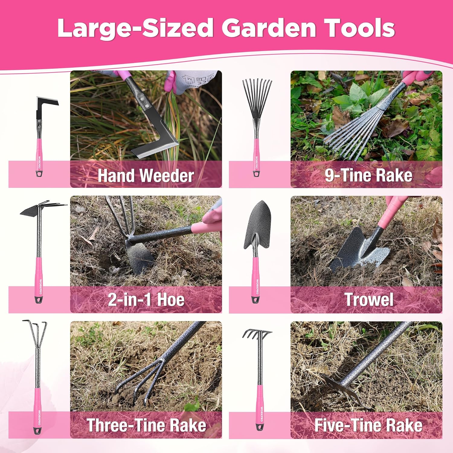WORKPRO 6-Piece Pink Garden Tool Set | Heavy Duty Gardening Hand Tools with Soft Rubber Handle, Including Trowel