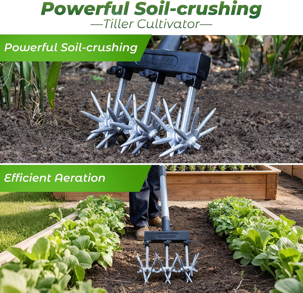 Walensee Rotary Cultivator, Hand Tiller for Soil Mixing or Reseeding | Star-Shaped Rotating Tines Break Up Soil Clods