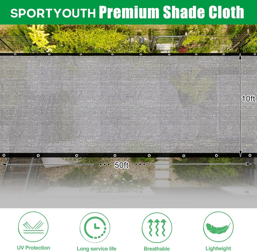 SPORTYOUTH Shade Cloth, 40% Black Sunblock Cover for Garden, 10x50 Ft Mesh Tarp with Grommets UV Resistant for Outdoor