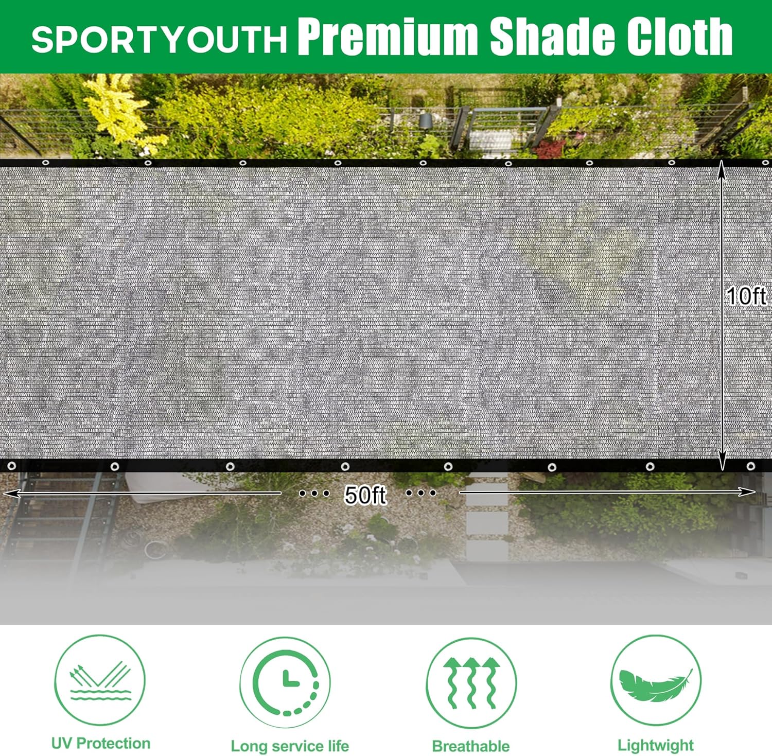 SPORTYOUTH Shade Cloth, 40% Black Sunblock Cover for Garden, 10x50 Ft Mesh Tarp with Grommets UV Resistant for Outdoor