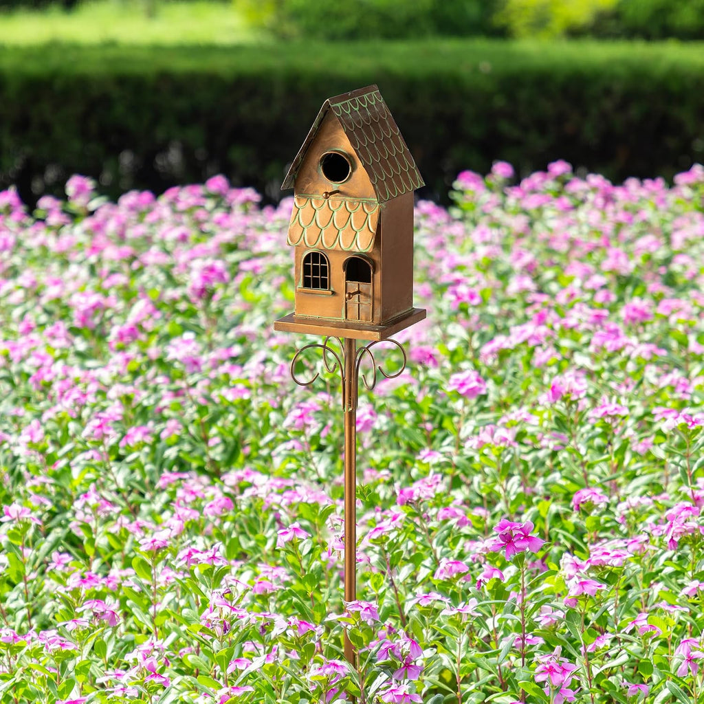Glitzhome Birdhouses for Outdoors, Decorative Bird Houses for Outside, 53" H Farmhouse Faux Copper 2-Tiered Distressed