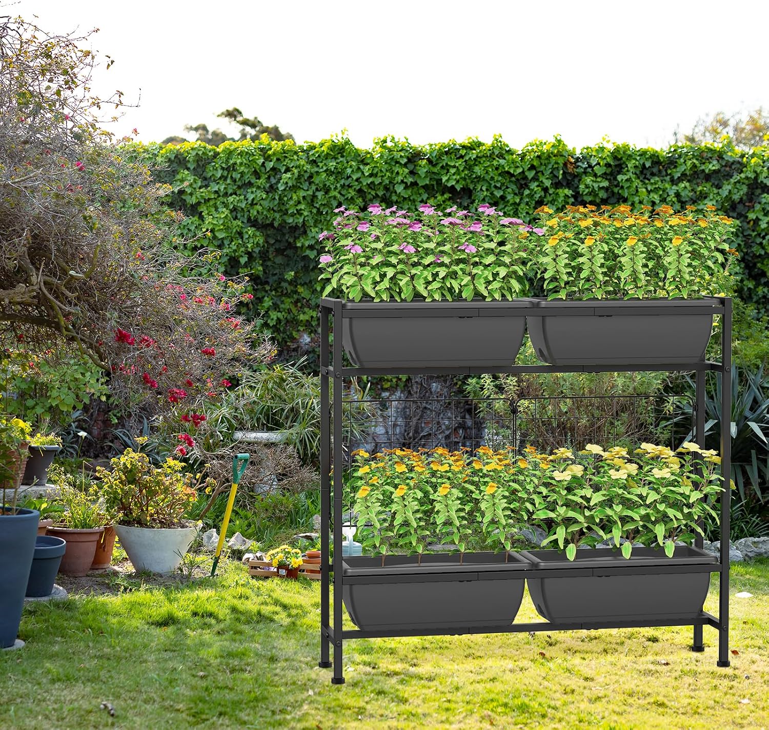 CADUKE Raised Planter Box, Plastic Raised Garden Bed with Legs, Standing Planter Box with Drainage Holes & Trellis, 32"