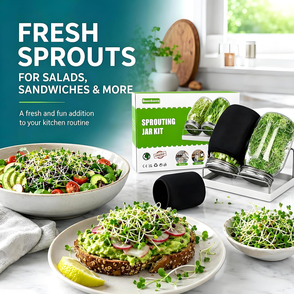 Premium Sprouting Jar Kit, 2Pack Wide Mouth Mason Jars with Mesh Sprouting Lids, Blackout Sleeves, Stand and Drip Tray