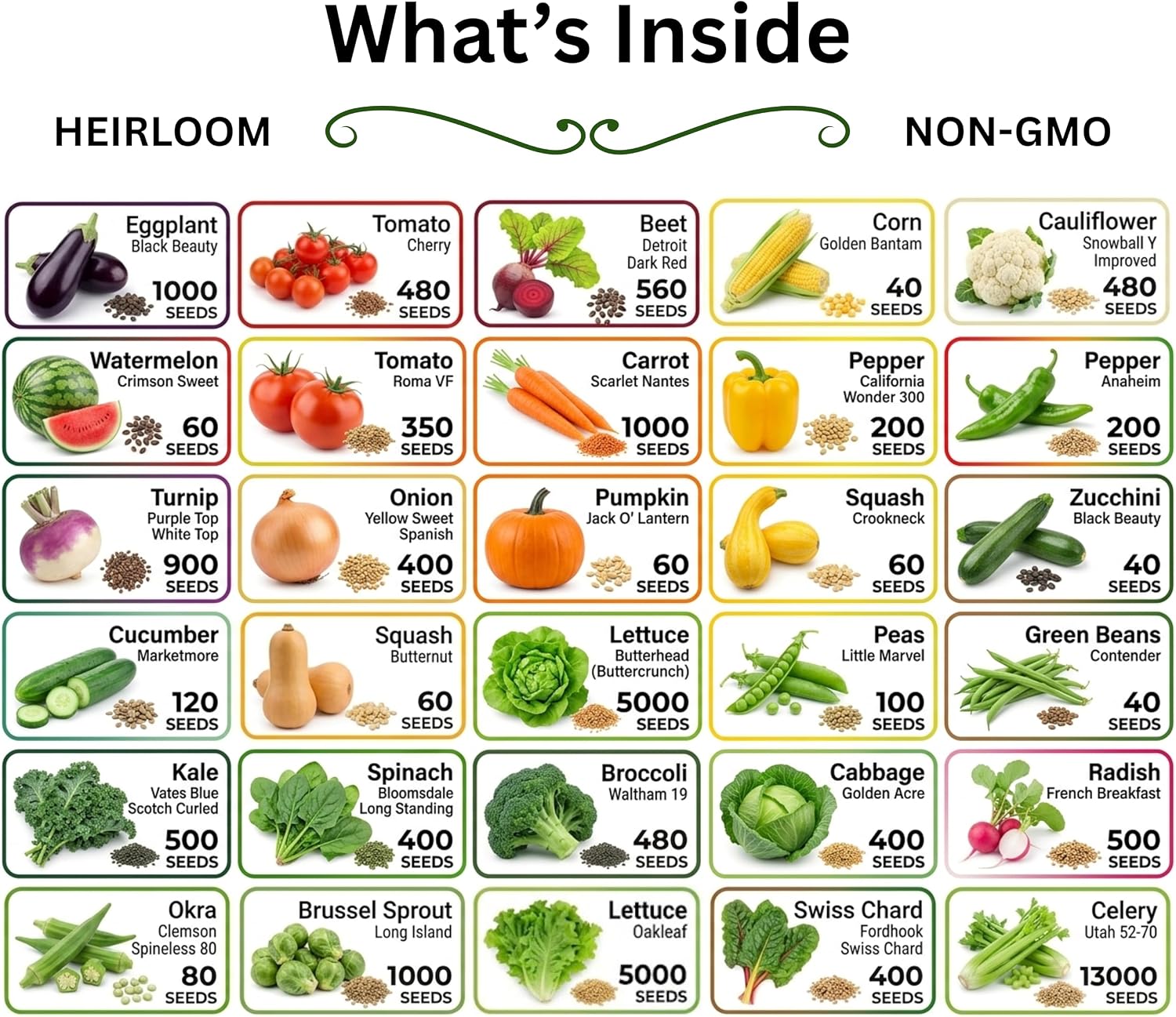 30 Variety Culinary Herb & Vegetable Seed Collection - 30,000+ Heirloom Seeds for Planting: Non-GMO USA Sourced;