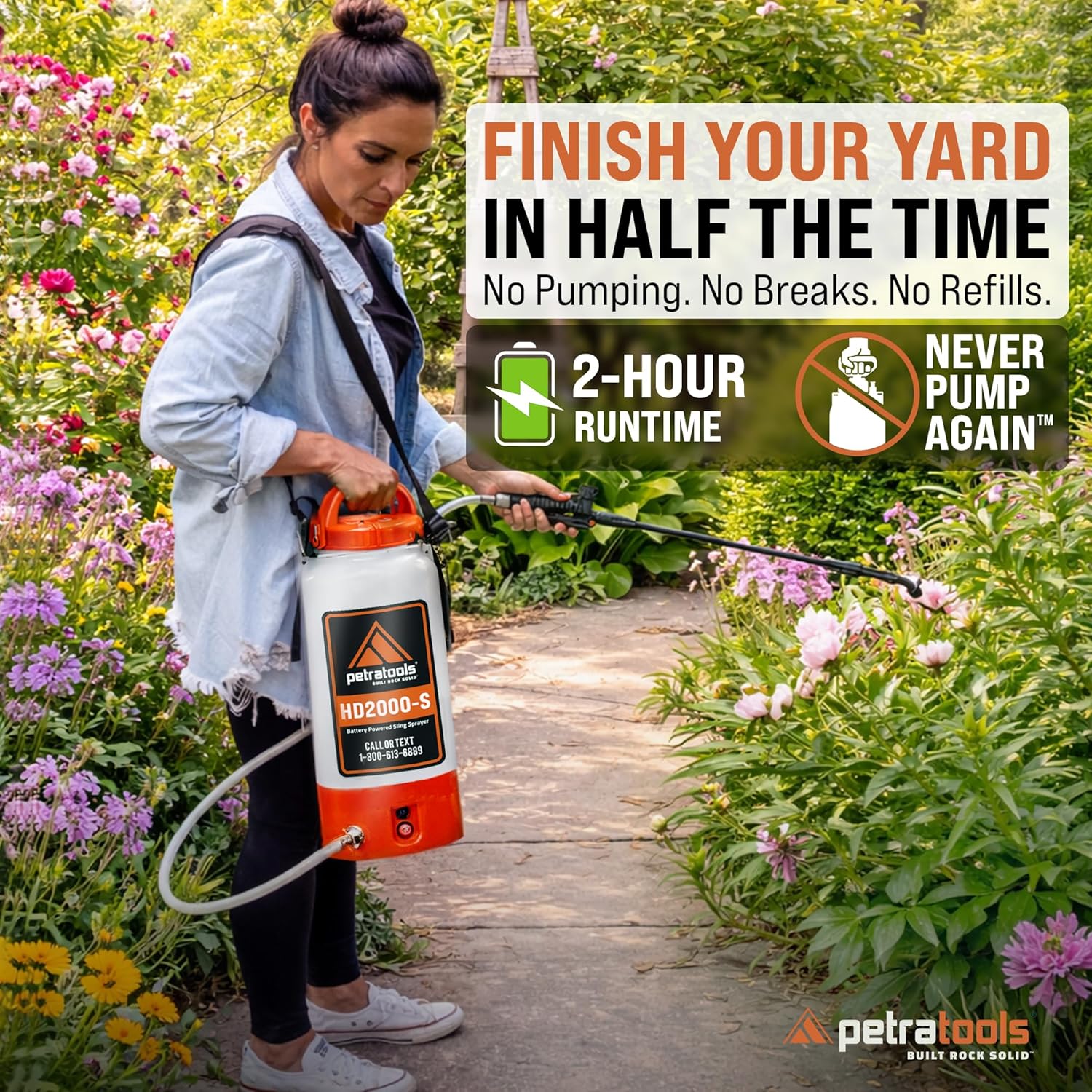 PetraTools HD2000-S 2 Gallon Battery Powered Garden Sprayer, 2 Hour Runtime | Weed Sprayer w/ 4 Ft Hose, Extendable