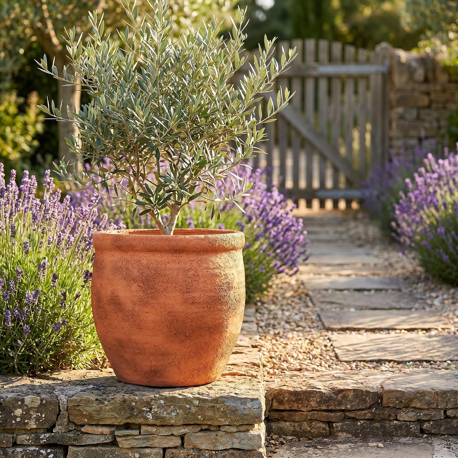 12" Dia Fiberstone Planter – Distressed Terracotta Flower Pot with Textured Matte Finish & Drainage Hole, Rustic Indoor