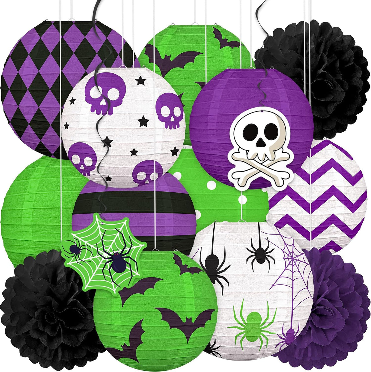 ‎Renbuzhu 15PCS Halloween Decorations Paper Lanterns Green Purple Set
