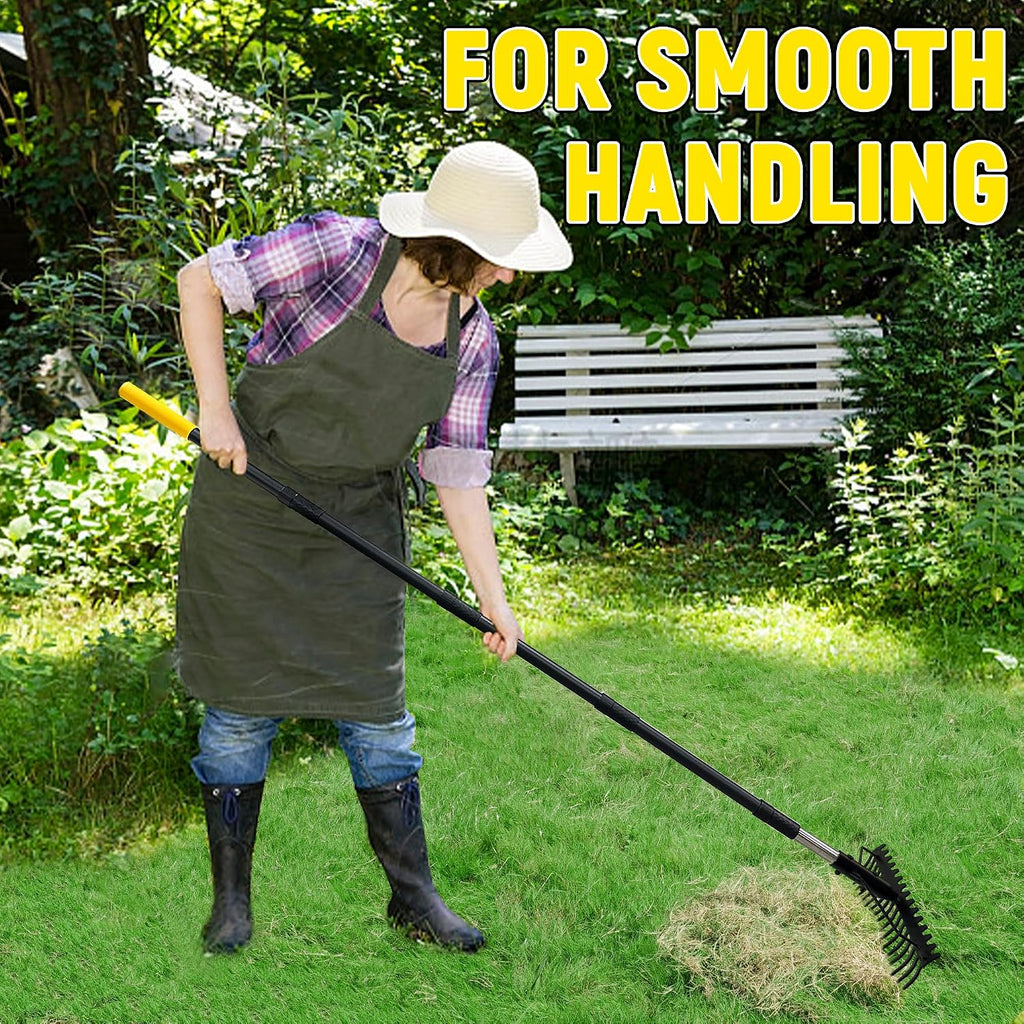 Bow Rake, 68-Inch Adjustable Handle Garden Rake with 17 Steel Tines, Heavy Duty Dual-Sided Metal Rake Landscape