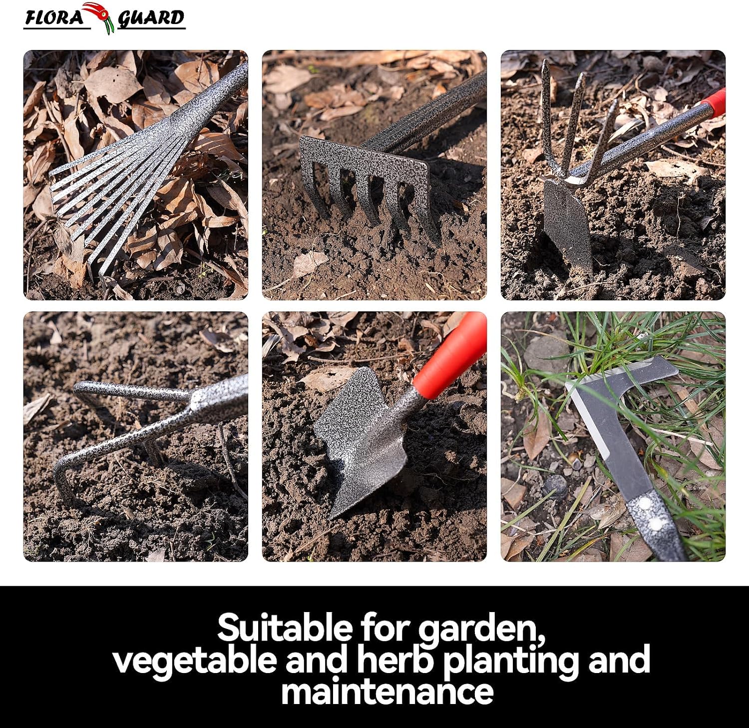 FLORA GUARD 6-Piece Garden Tool Set | Heavy Duty Gardening Hand Tools with High Carbon Steel Including Trowel, Rakes