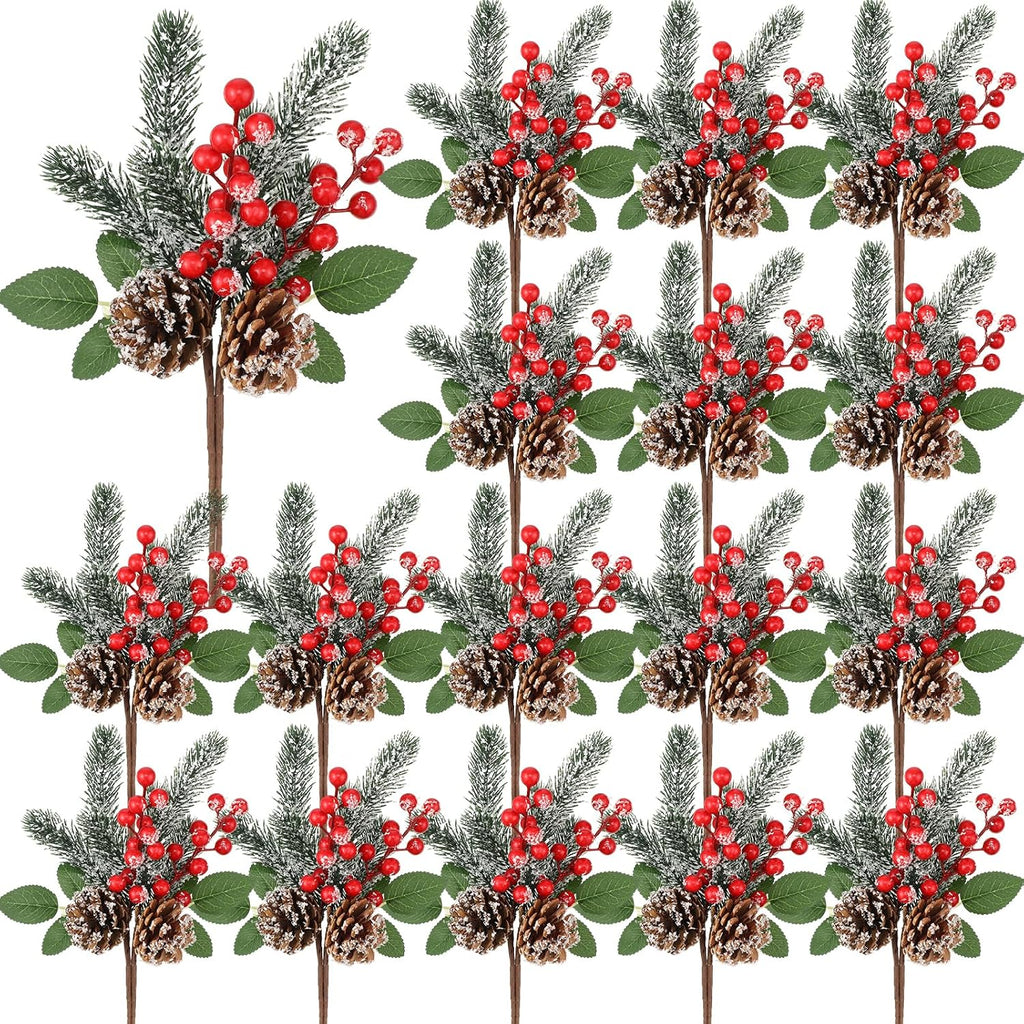 Yuxung 24 Pack Christmas Flower Picks Red Picks Pine Picks Set 11 Inch Pine Snowy Flower Berry Picks Artificial Pine Cones Holly Stem Craft Fake Berry Branches for Christmas Xmas DIY Tree Decor