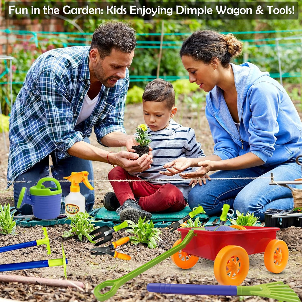 Dimple Red Garden Wagon & Tools Toy Set, 15 Pc Kids Gardening Play Set | Kids Gardening Tools, Premium Wagon Toy Set