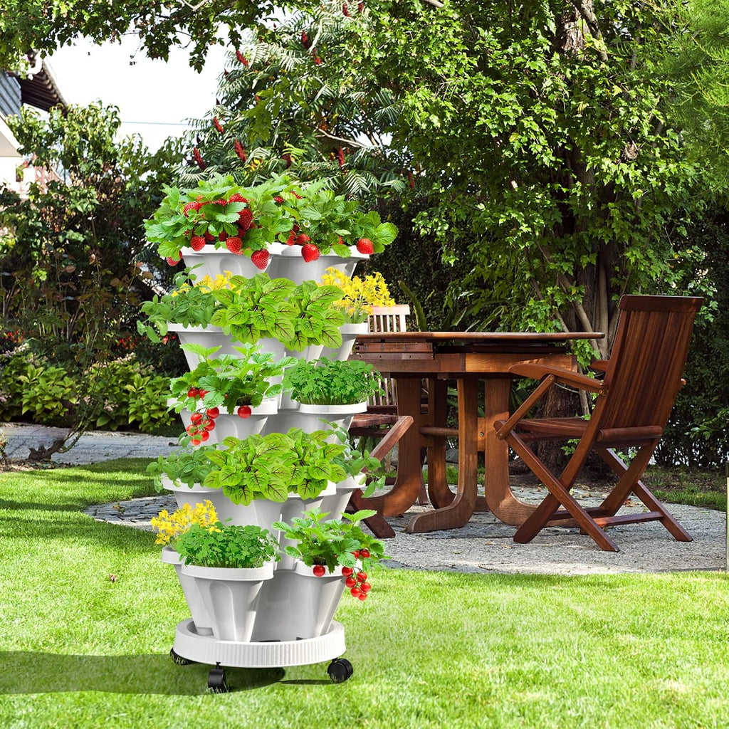 Strawberry Vertical Planters, 3 Tiered Stacking Tower Garden, Stackable Herb Vegetable Planters with Movable Casters