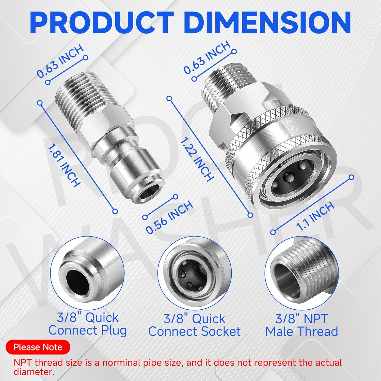 3/8" Pressure Washer Quick Connect Kit, Male NPT Thread | Stainless Steel, 5000 PSI, Power Washer Adapter Fittings,12
