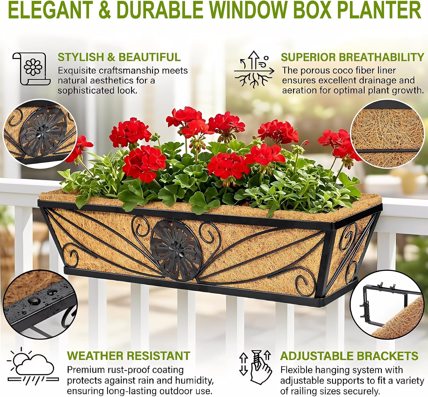4 Pack 24 Inch Railing Planter Boxes | With Coco Liner, Floral Scroll Metal Window Box Planters, Classic Scrollwork