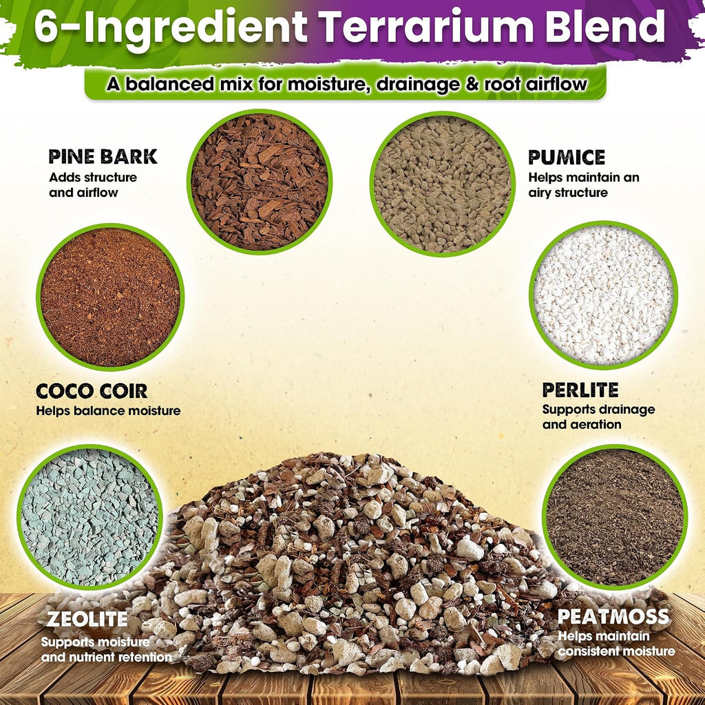 6-in-1 Terrarium Soil Mix, Pre-Mixed & Ready to Use, 8QT | Terrarium Substrate Mix with Coco Coir, Peat Moss, Pine