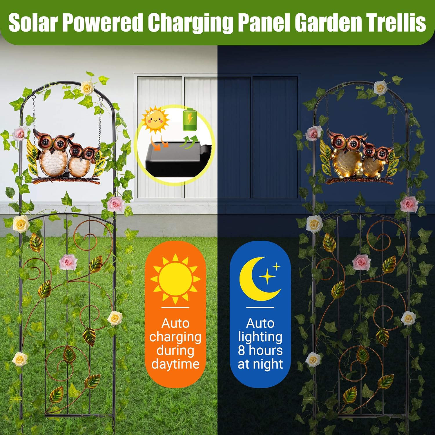 Solar Owl Garden Trellis Metal Climbing Plant Stake | 49-Inch Rustproof Iron Vine Support with IP65 Waterproof LED