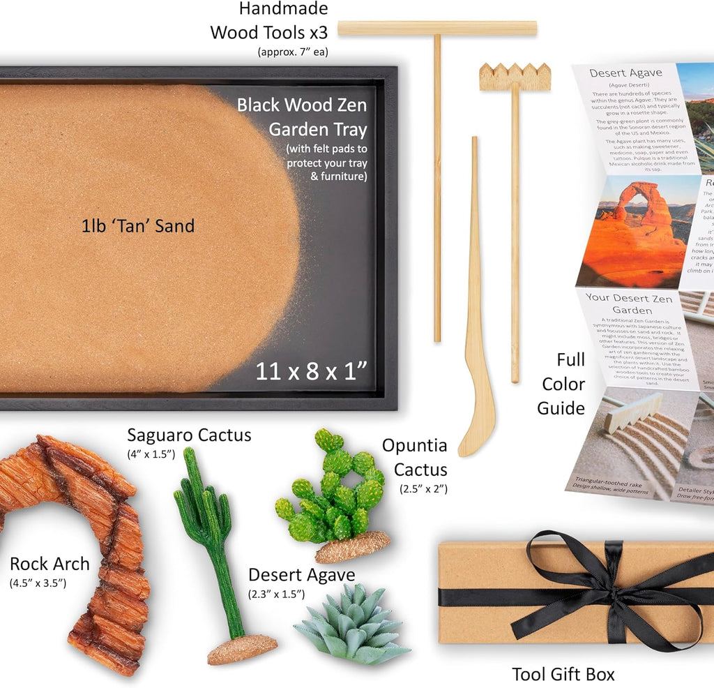 Desert Zen Garden Kit. Premium Home Cactus Decor. 11x8in | Southwestern Desert Decor Zen Garden for desk therapy. Sand