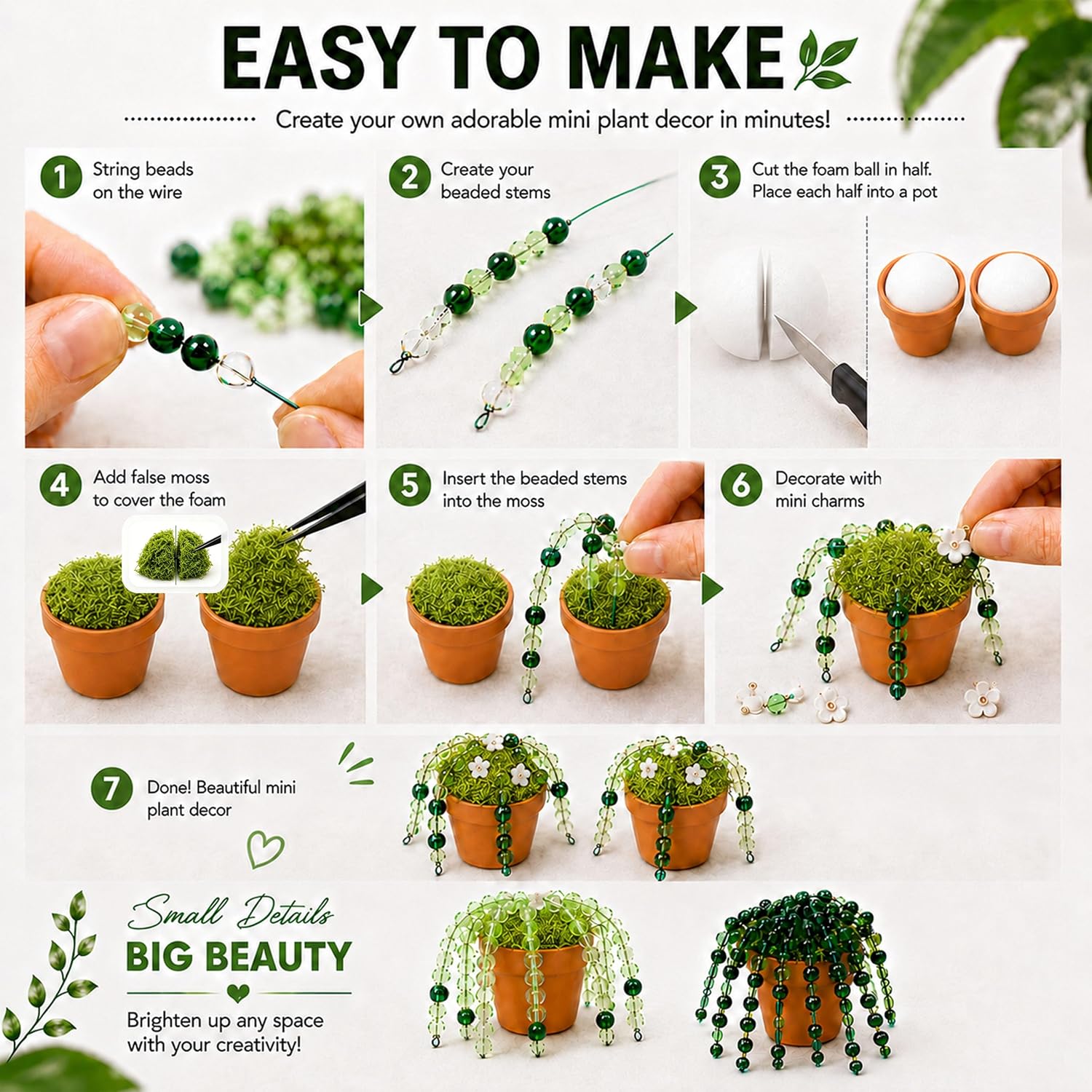 LWPFSD Beaded Plant Kit with 2 Mini Pots and Fridge Magnets | DIY Bead Plant Making Kit with Plant Beads, Craft Wire