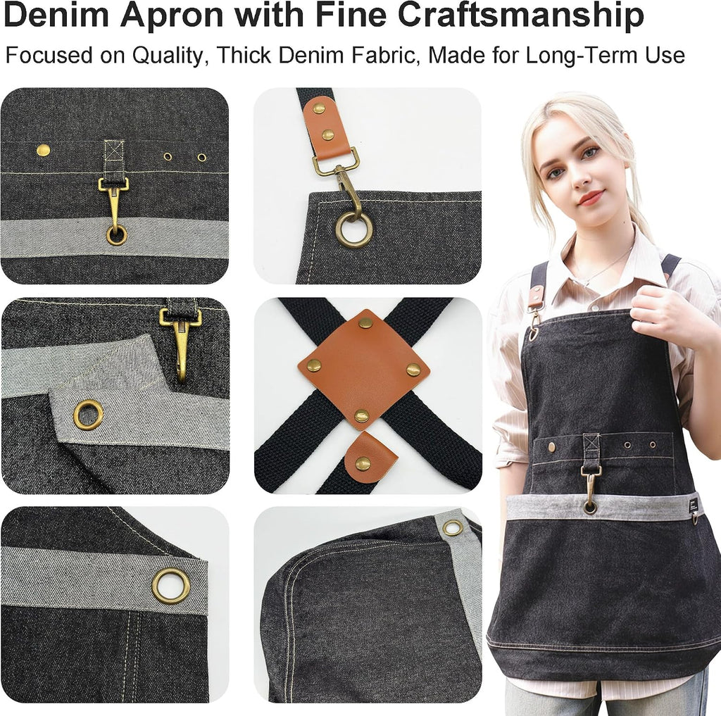 Denim Cross Back Gardening Apron with Adjustable Straps & Pockets | Heavy-duty denim; large front pockets; tool