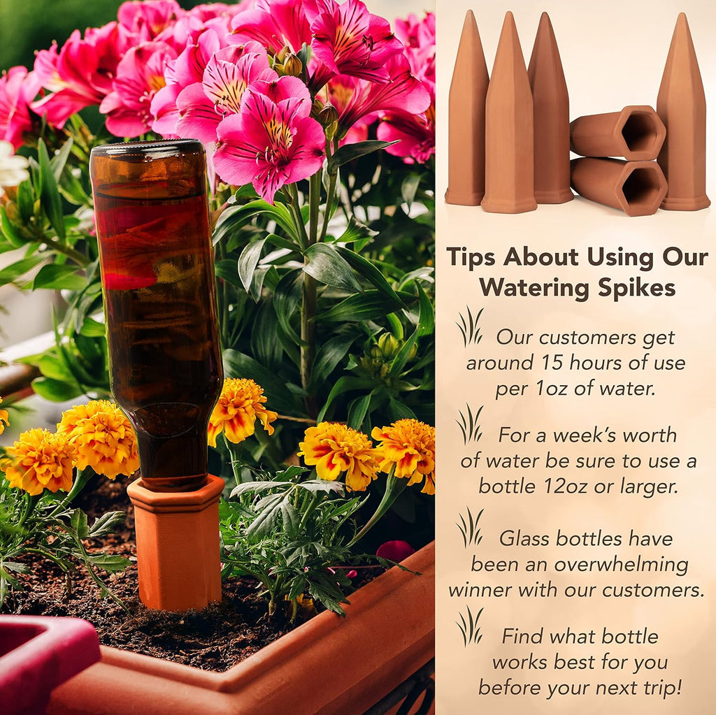 6 Pack Terracotta Watering Spikes for Indoor and Outdoor Plants - Simple and Easy Setup - Keep Plants Happy and Watered