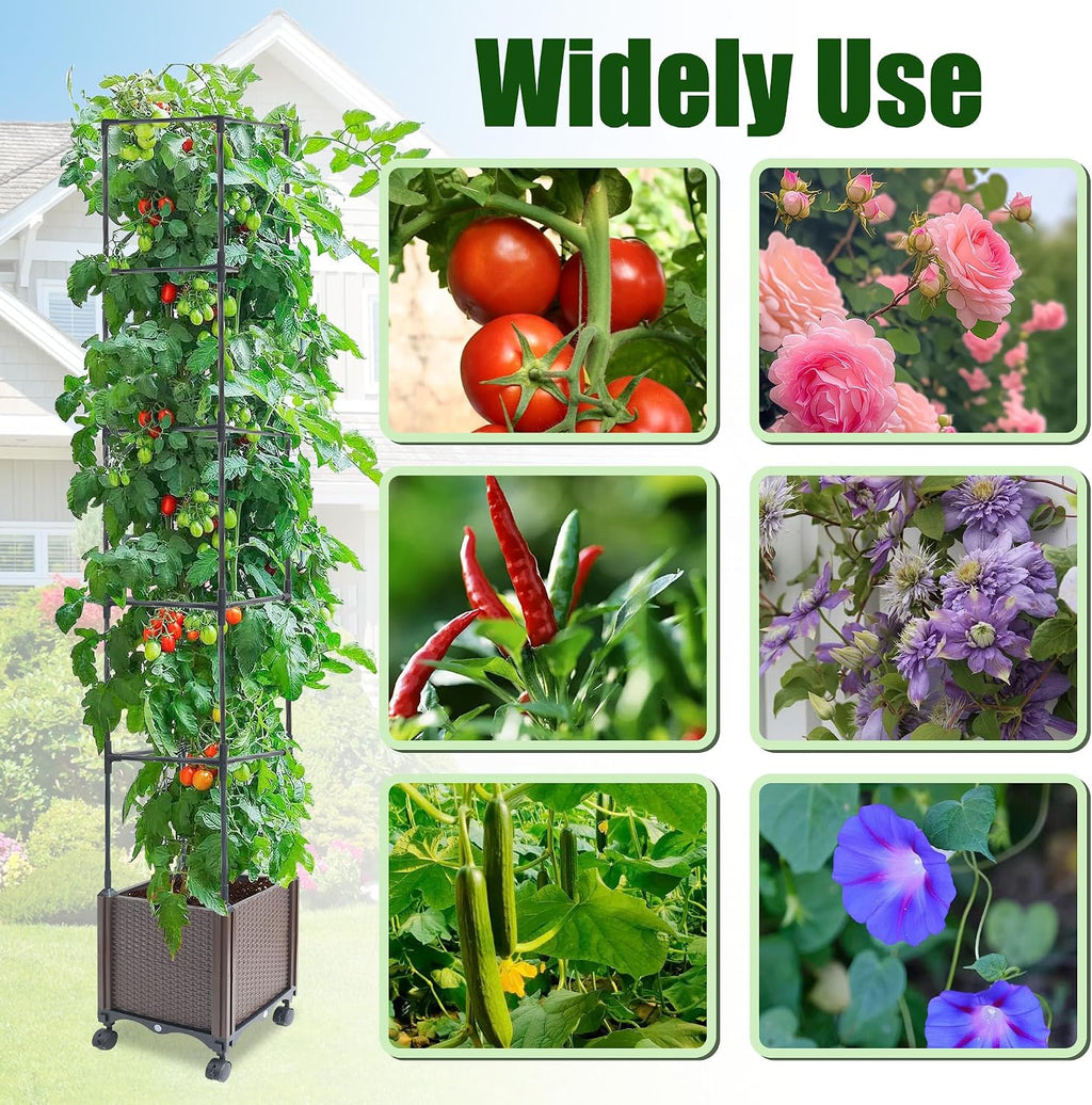 Quibbay Raised Garden Bed Planter Box with Trellis, 74" Self-Watering Tomato Planters for Climbing Plants Vine Flowers