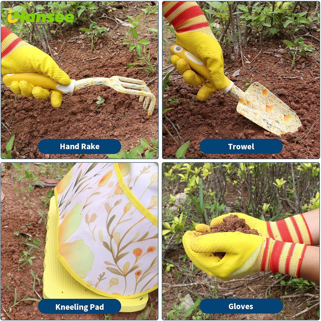 Yellow Garden Tools Set 10 Pieces, Gardening Gifts for Women | Aluminum Alloy Steel Hand Tool Kit w/Non-Slip Ergonomic