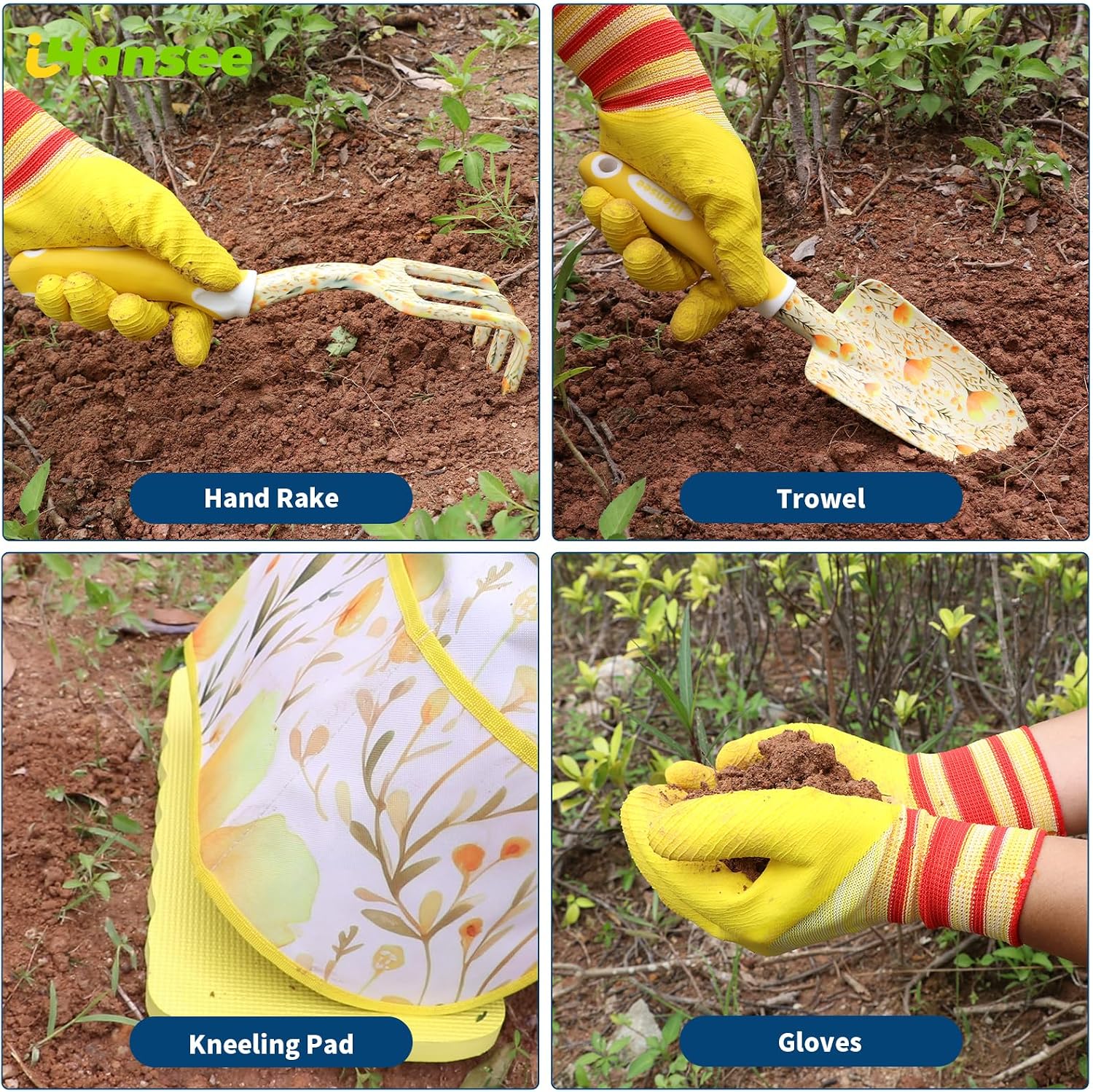 Yellow Garden Tools Set 10 Pieces, Gardening Gifts for Women | Aluminum Alloy Steel Hand Tool Kit w/Non-Slip Ergonomic