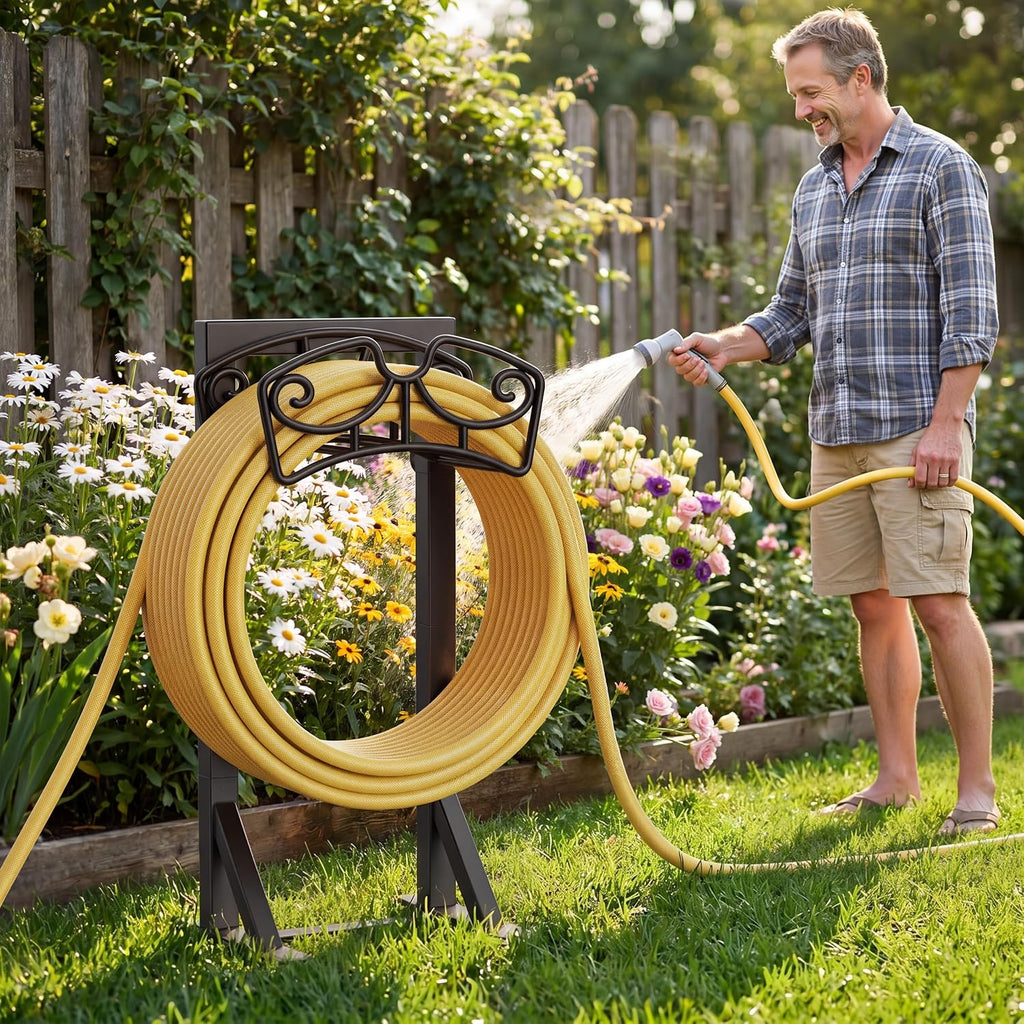 Garden Hose Holder Stand, Freestanding Metal Water Hose Storage Rack with Hooks for Outside Yard Lawn, Heavy Duty