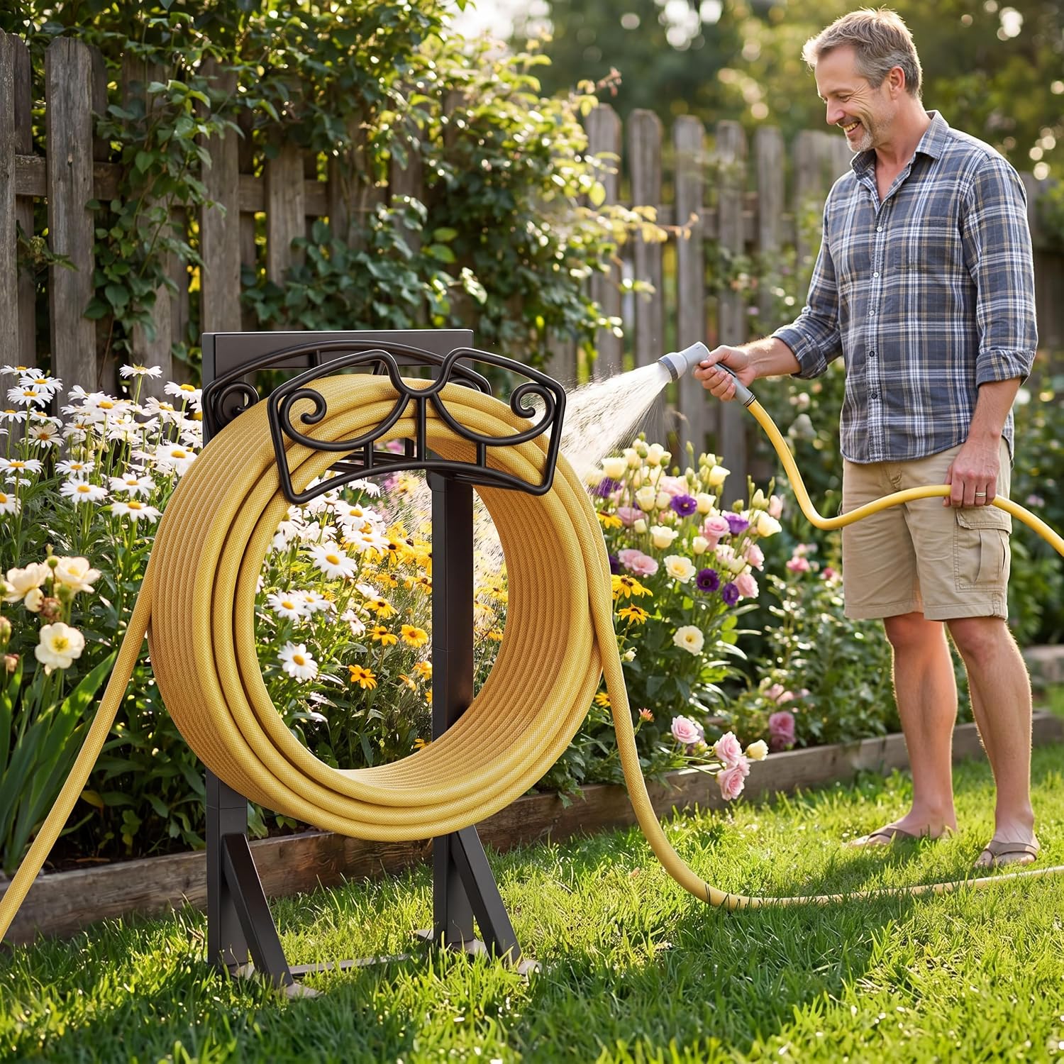 Garden Hose Holder Stand, Freestanding Metal Water Hose Storage Rack with Hooks for Outside Yard Lawn, Heavy Duty