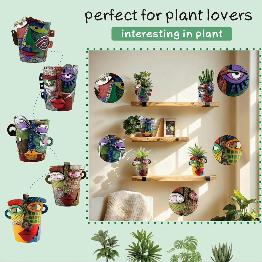 Picasso Abstract Face Flower Pot,Unique Resin Crafted Planter with Drainage Holes,Interesting Colorful Planter with