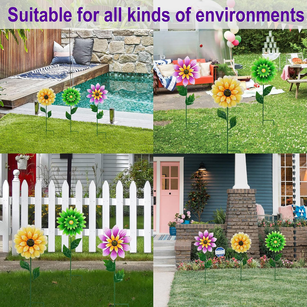 3 Pack Metal Flower Wind Spinners, Kinetic Garden Stakes with H-Base, Colorful 3D Floral Windmills for Yard, Patio