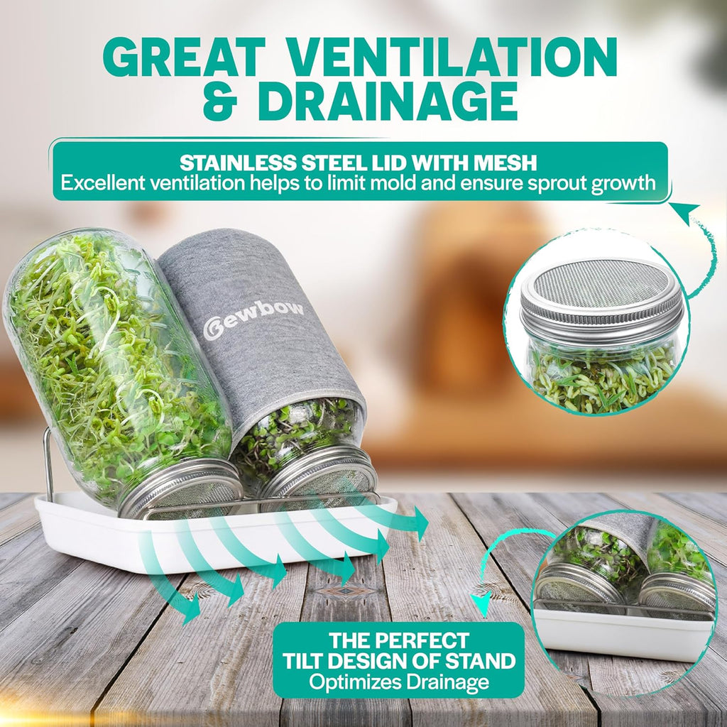 2000ml(68oz) LARGE SIZE Seed Sprouting Mason Jar Kit with Stand, Drain Tray | Screen Lids Seed Sprouting Kit, Blackout