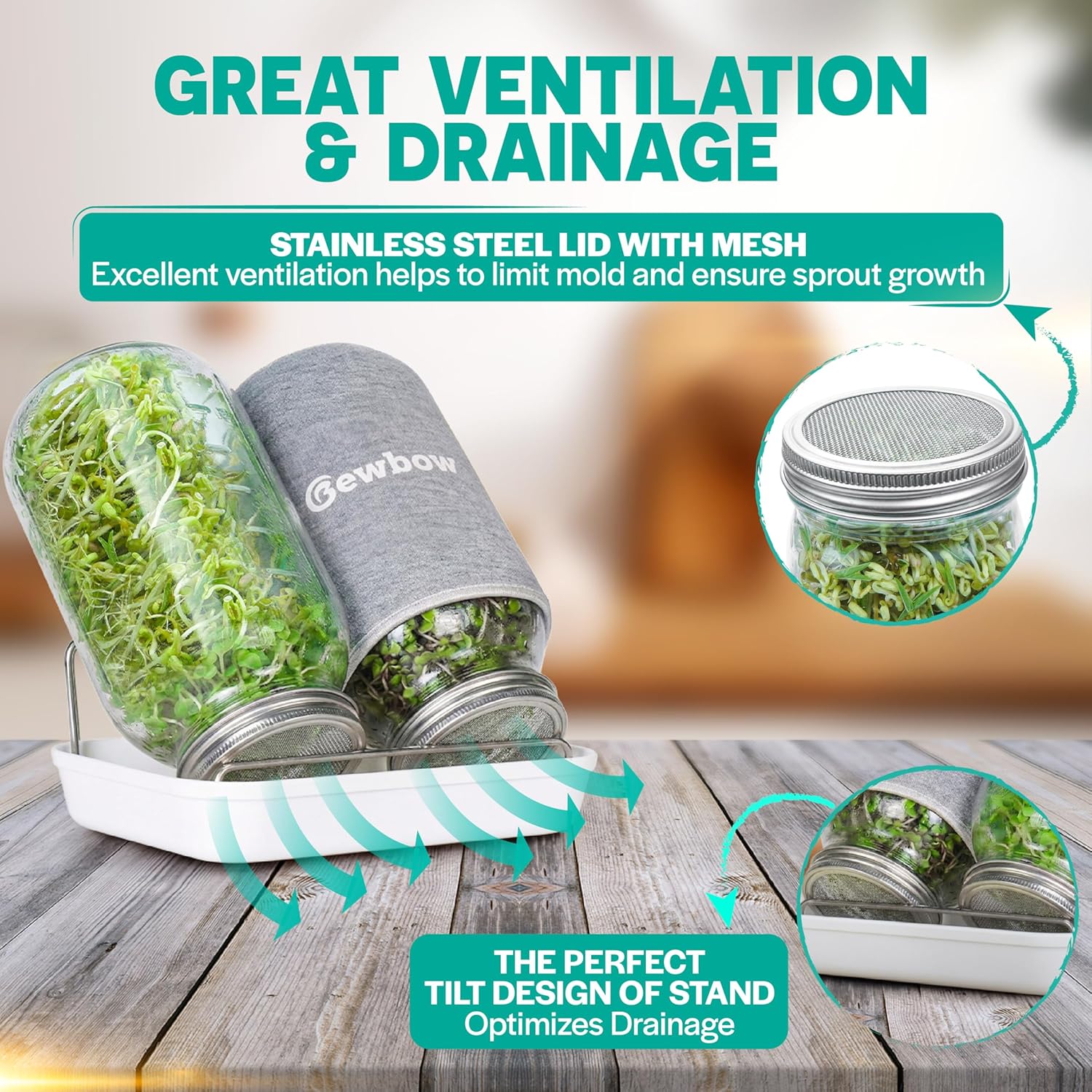 2000ml(68oz) LARGE SIZE Seed Sprouting Mason Jar Kit with Stand, Drain Tray | Screen Lids Seed Sprouting Kit, Blackout
