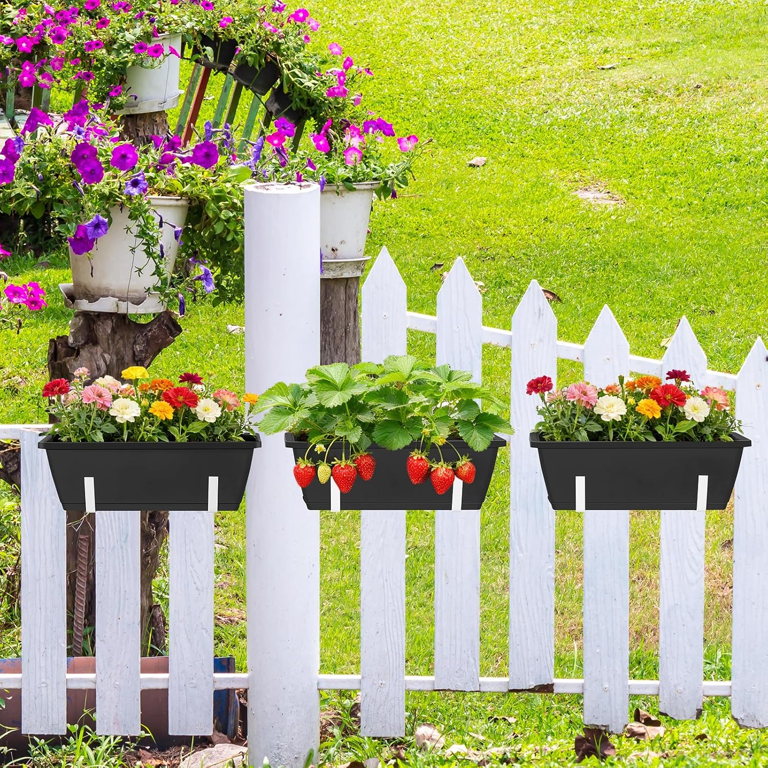Railing Planter Boxes 6 Pack Window Boxes Planters with Adjustable Brackets | Outdoor Hanging Flower Pots for Railling