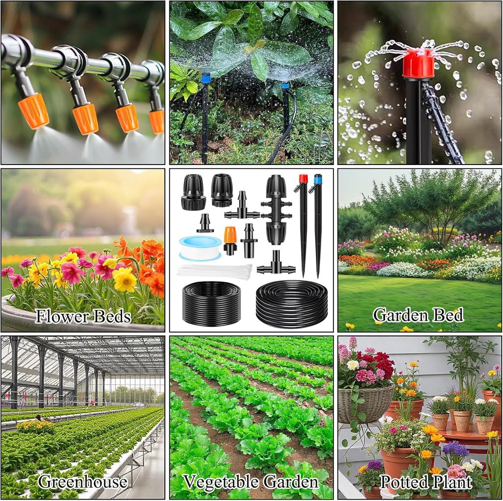250FT Drip Irrigation System Kit, Automatic Drip Irrigation Kit with 1/2 inch Hose 1/4 inch Distribution Tubing and