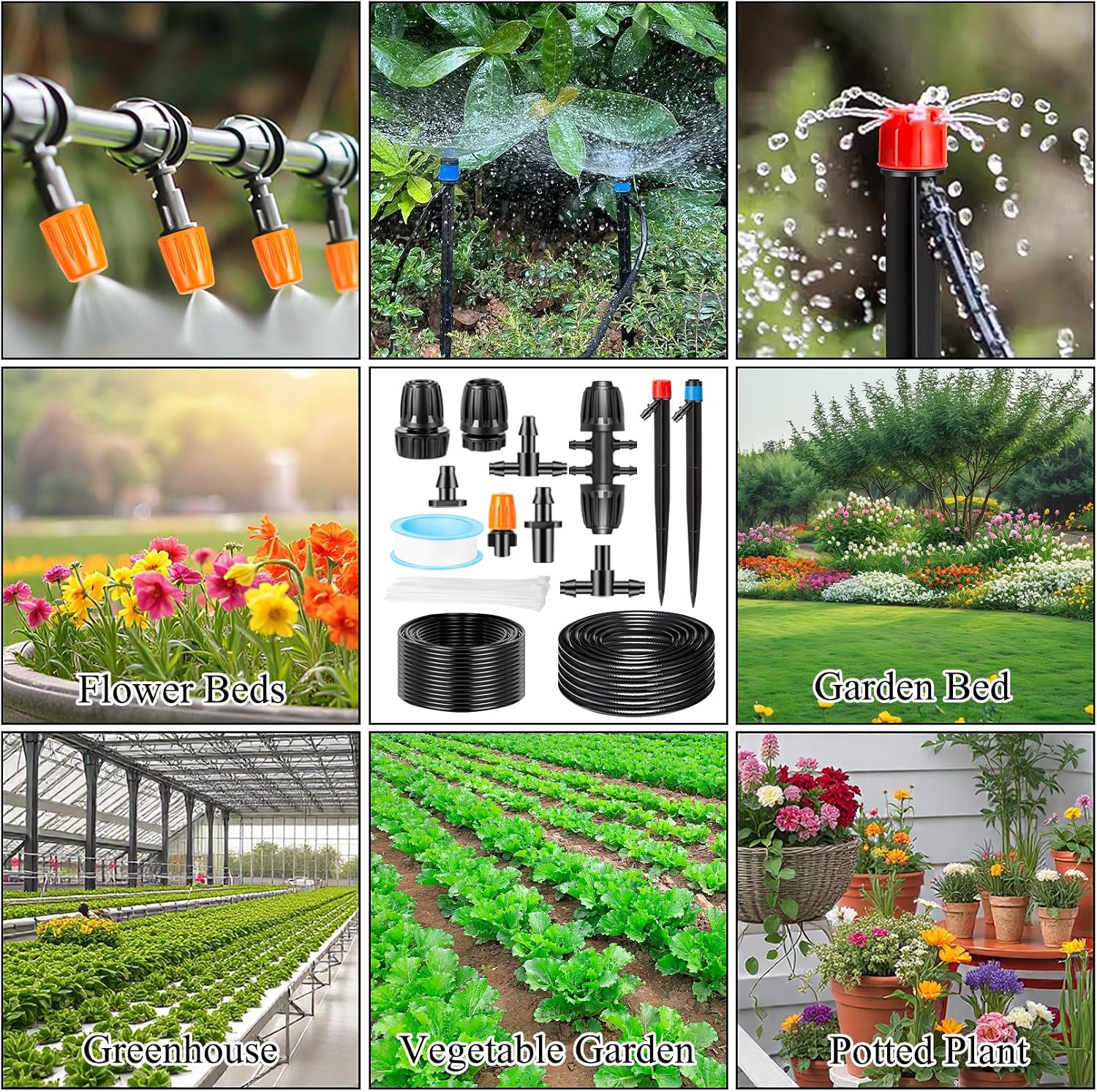 250FT Drip Irrigation System Kit, Automatic Drip Irrigation Kit with 1/2 inch Hose 1/4 inch Distribution Tubing and