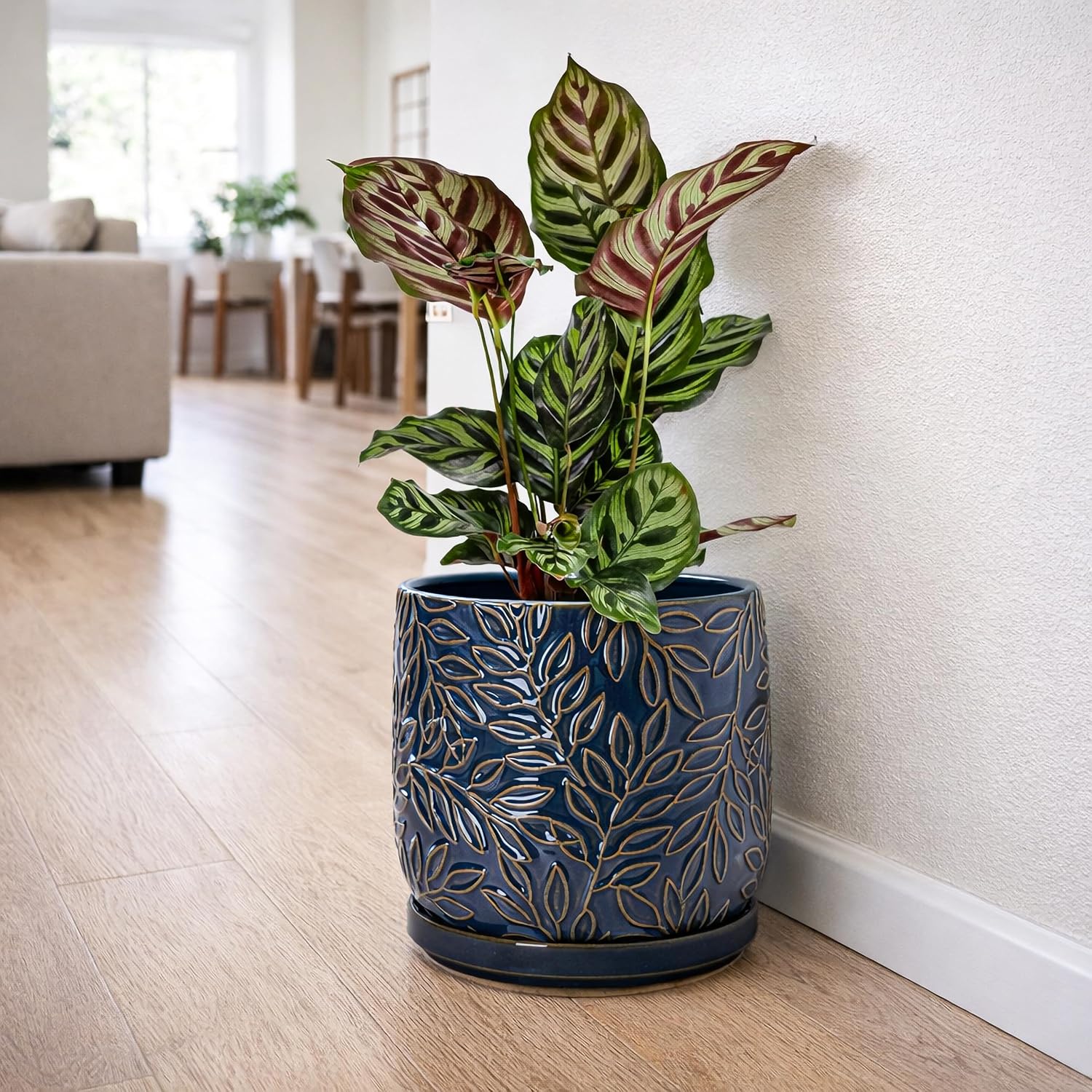 D'vine Dev Embossed Leaves Ceramic Planter, 8 in, Midnight Blue, 27-A-Q-3 | Nature-Inspired Leaf Pattern, Handcrafted