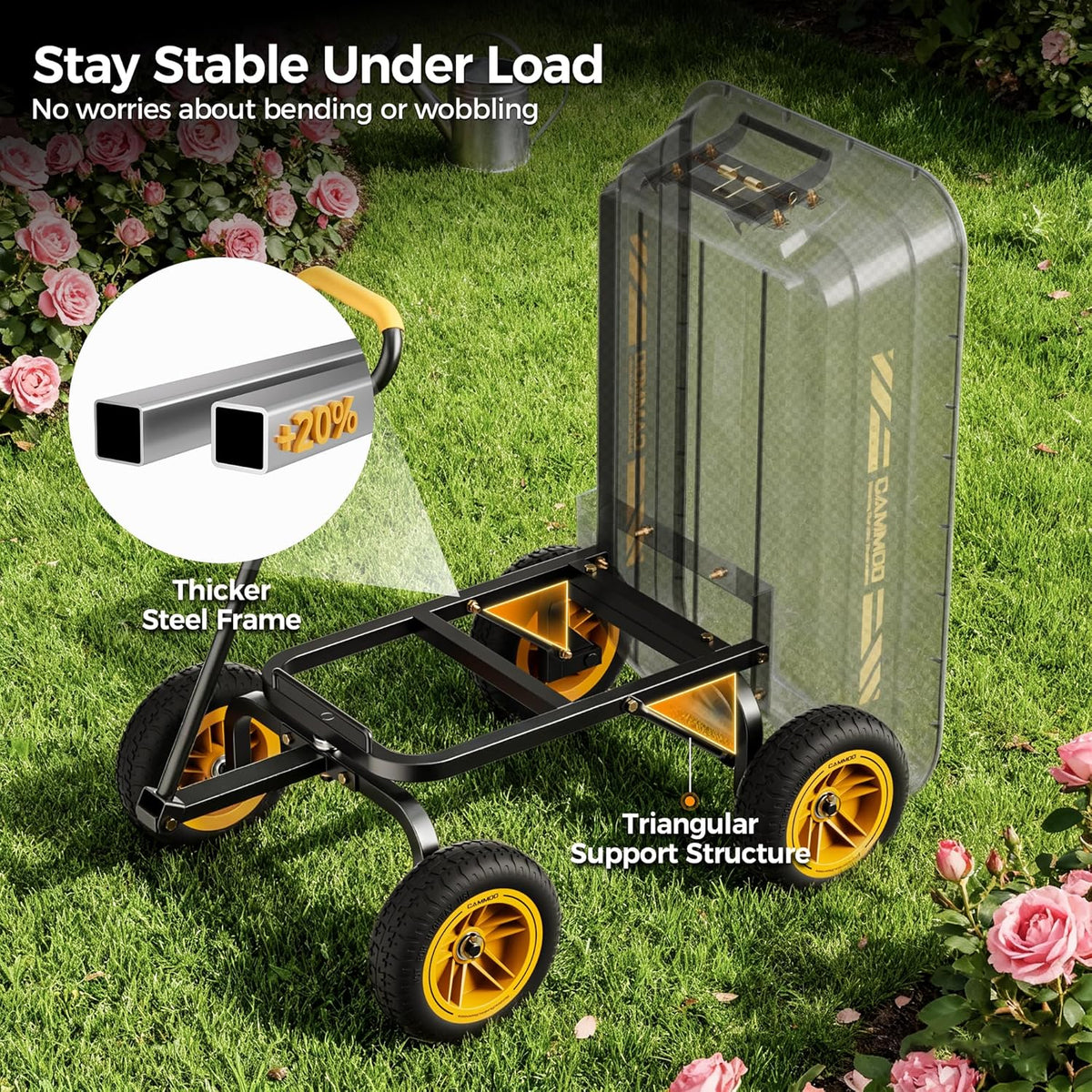 CAMMOO 10 Inch No-Flat Tires 600 lb Garden Dump Cart Wheelbarrow | Quick-Release Dump Bed and 4 Cu.Ft. Tub Move Mulch