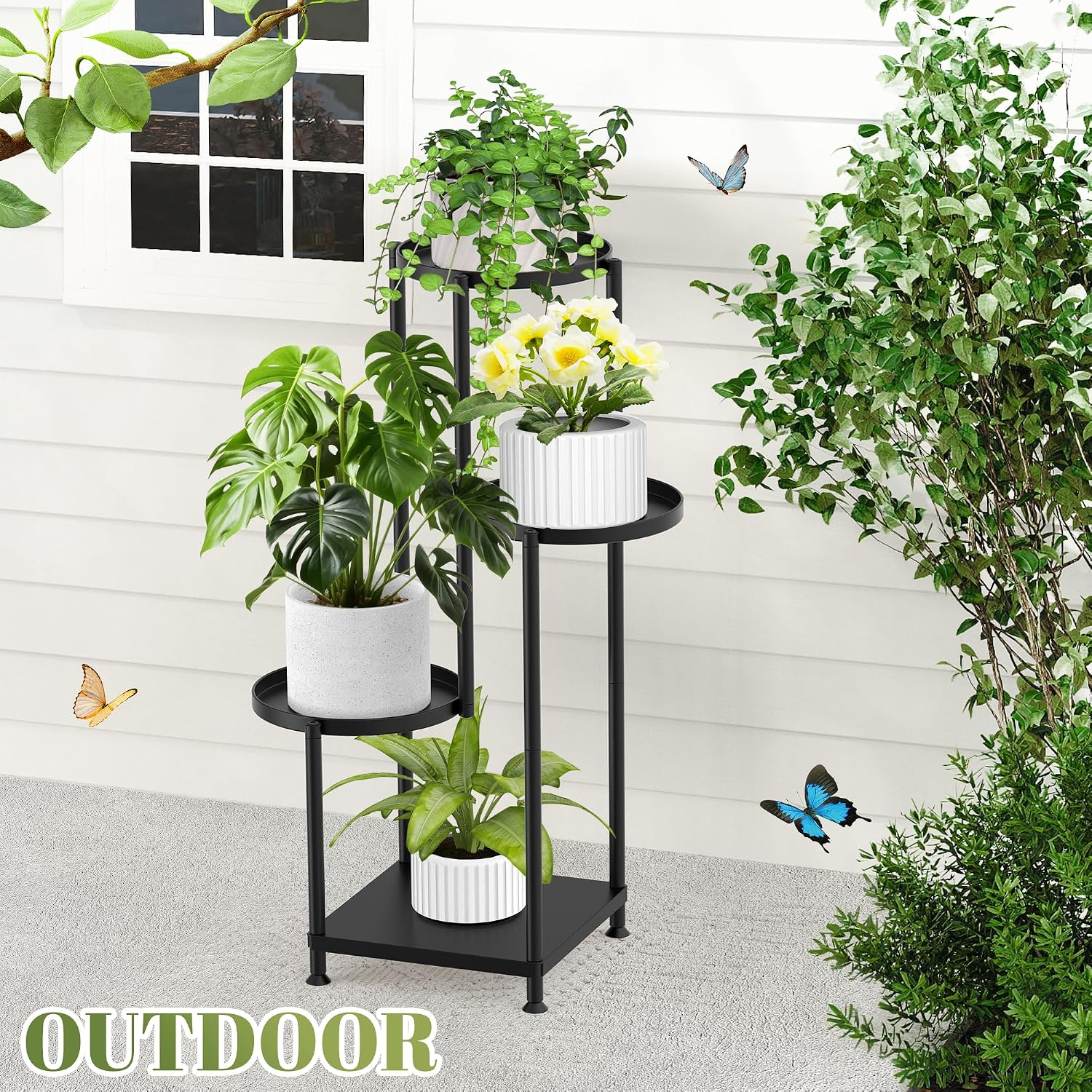 Plant Stand Indoor Outdoor, 4 Tier Metal Shelf Holder Corner | Multiple Plants Rack Tall Holder, Sturdy Rustproof