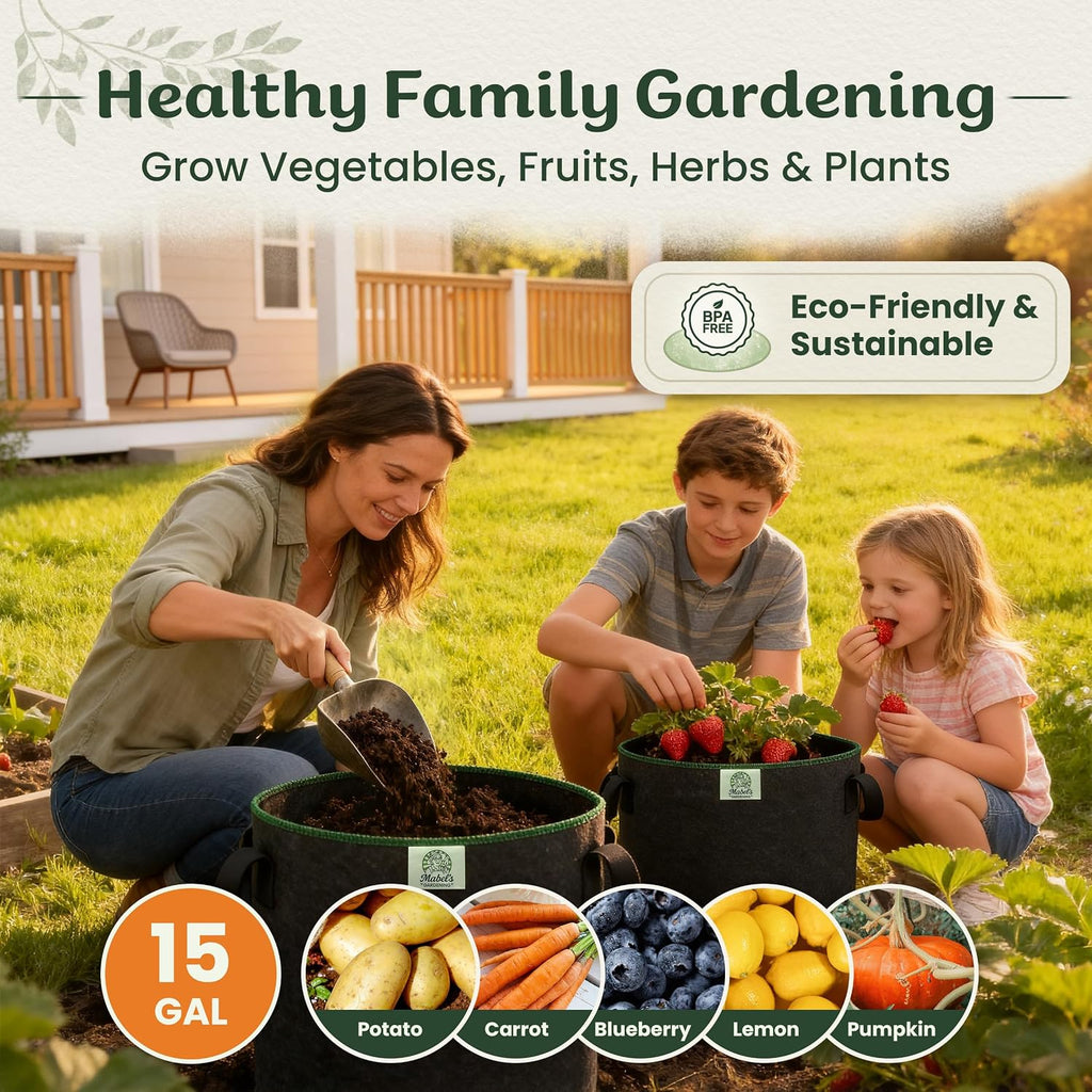 Mabel's Gardening 10-Pack 15 Gallon Grow Bags - Garden Planting Bags 17.7 x 14.2 INCH Made of 8.85 oz/yd² (300g/m²)