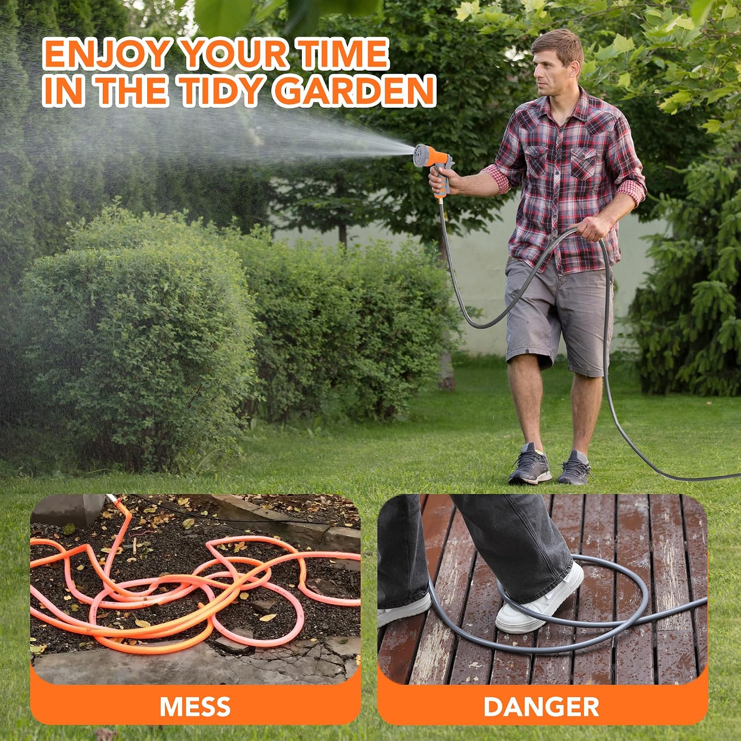 GAOMON Retractable Garden Hose Reel - 1/2 in x 72 ft, Wall Mounted, 9-Function Sprayer, Any Length Lock, 180° Swivel