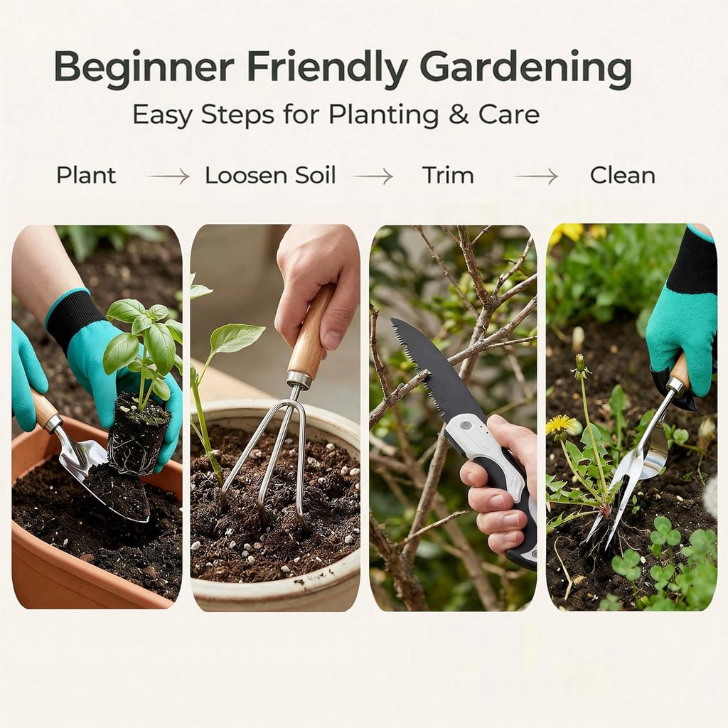 Garden Tool Set, Wicker Basket, Raised Bed Gardening, Women's Garden Gift | All-in-one gardening kit, wooden-handle