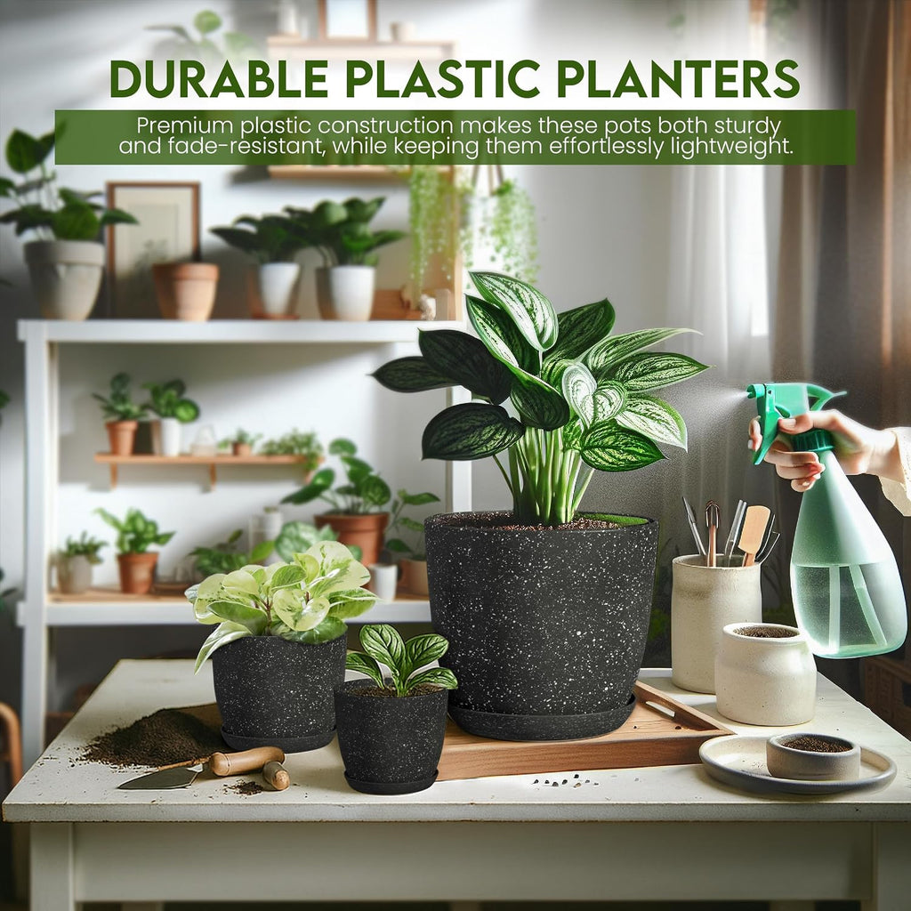 Plant Pots Indoor with Drainage 10 Pack Multi-Size Planters Spotty Black | Drainage holes included Multiple sizes