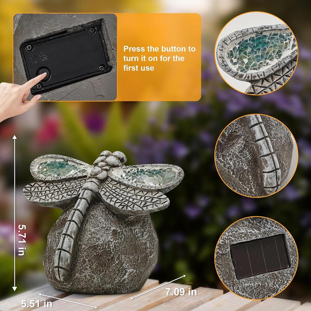 Solar Dragonfly Garden Statues & Light, Outdoor Resin Yard Figurine Decor | Solar Powered IP65 Waterproof Garden