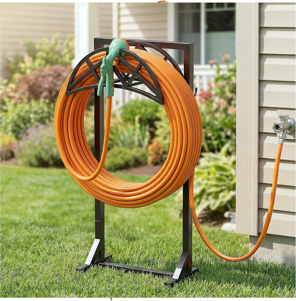 Garden Hose Reel, Heavy Duty Water Hose Holder for Outside | Freestanding Metal Hose Stand Holds Up to 150 FT, Outdoor