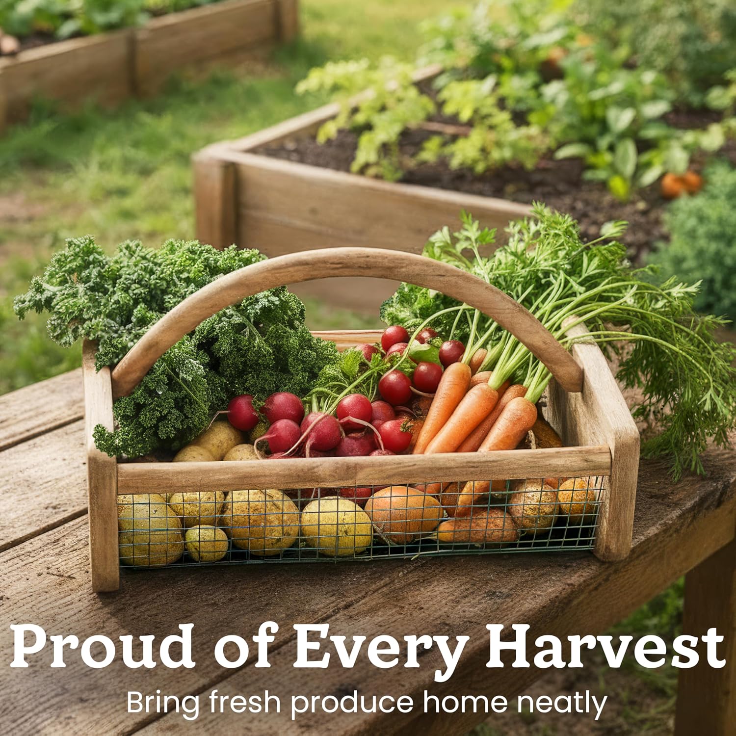 HOMESTEAD Garden Hod Harvest, Durable Acacia Wood Frame with Rotating Handle Basket, Farmhouse Basket for Home