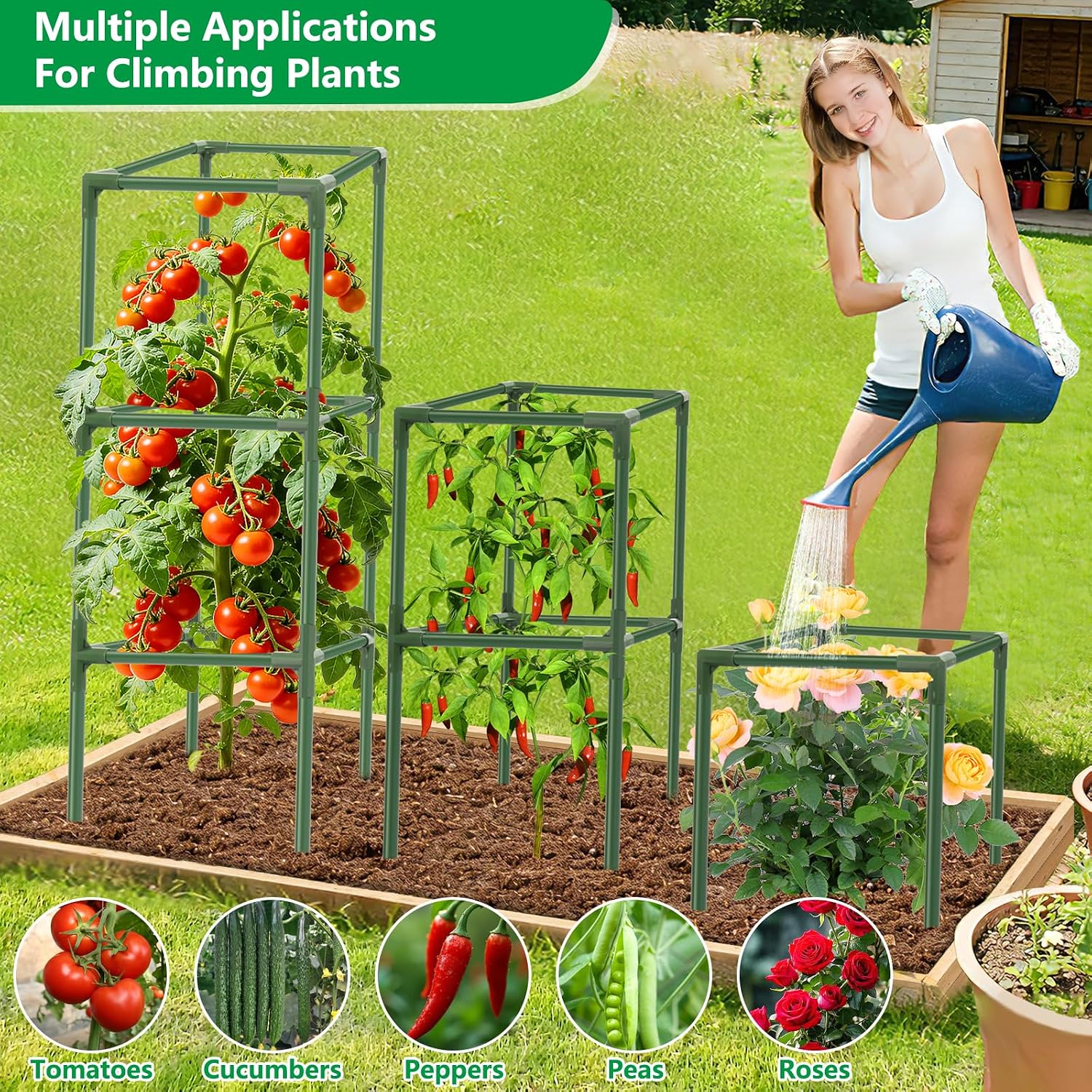 3 Pack 49" Square Tomato Cages, Heavy Duty Steel Garden Trellis Kit | Garden Plant Support Tower Stakes, Cucumber