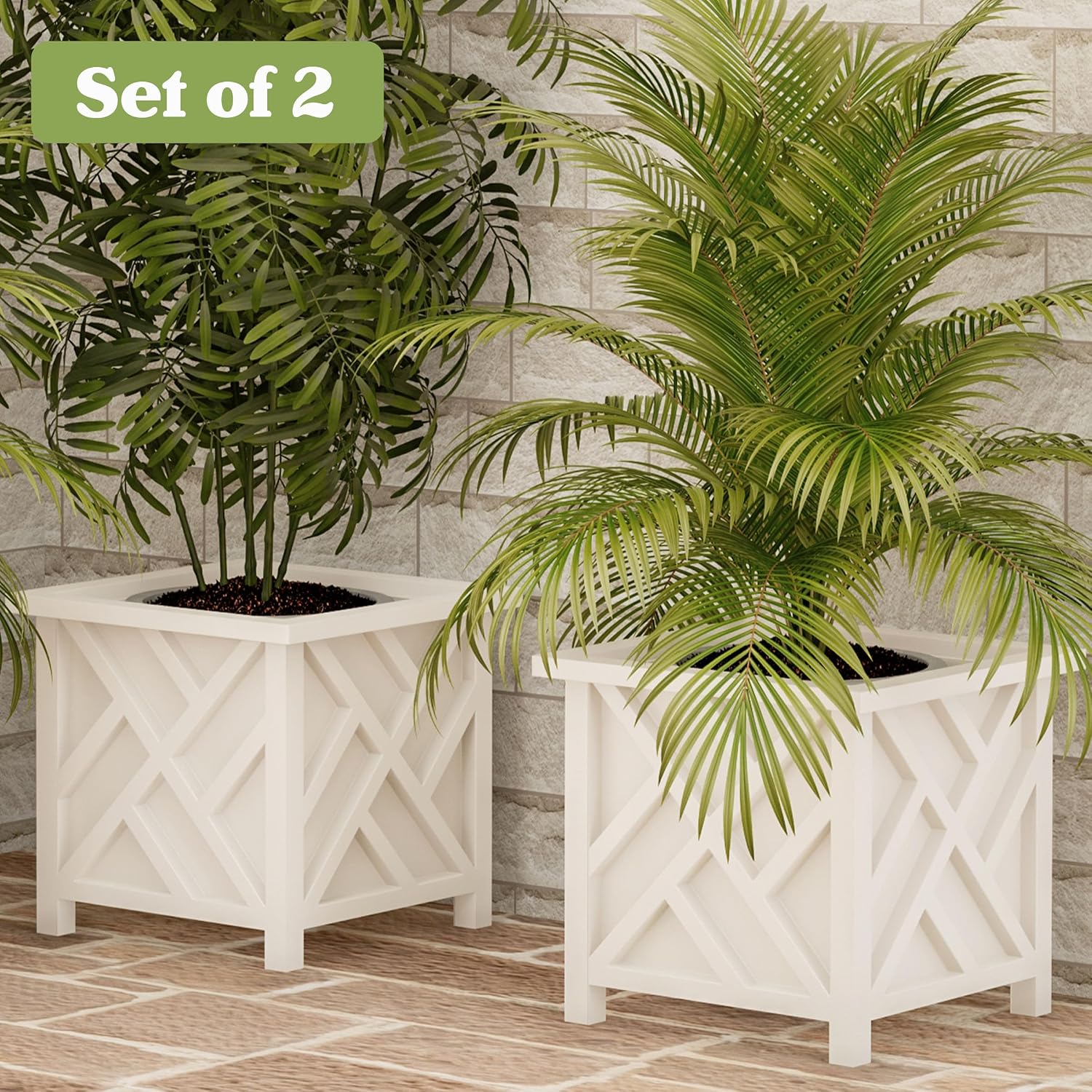 Lattice Design Outdoor Planter Box 2-Pack - 14.75” Square 13” Tall White Decorative Plant Pots for Front Porch Decor